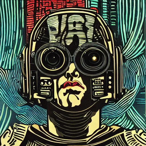 Image similar to Illustrated by Shepard Fairey and H.R. Giger | ((Cyberpunk Van Gogh with VR helmet, surrounded by cables))