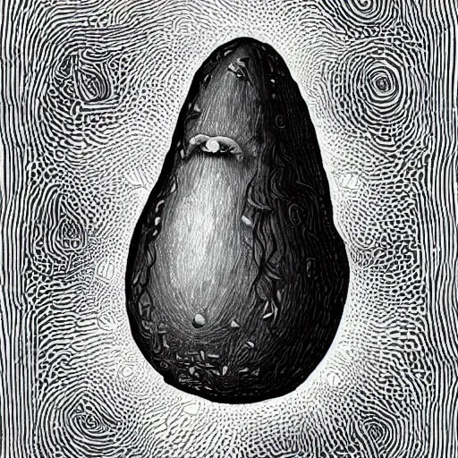 Image similar to hairy avocado surrounded by vegetables of different sizes and shapes, in the style of Dali and Bosch