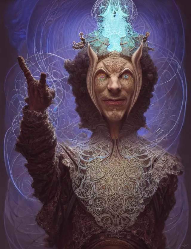 Image similar to front shot of a court jester character, hyperdimensional, bioluminescent hypercubes, ((intricate)), elegant, highly detailed, centered, (((artstation, concept art, smooth, sharp focus, artgerm, Tomasz Alen Kopera, Peter Mohrbacher, donato giancola, Joseph Christian Leyendecker, WLOP, Boris Vallejo))), mugshot!!!!!, ugly!!!!!!, octane render, nvidia raytracing demo, grainy, muted, 8K, digitalblasphemy