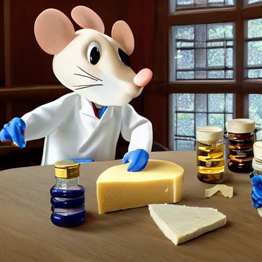 Image similar to professor mouse in his lab, with cheese vials lying around the tables