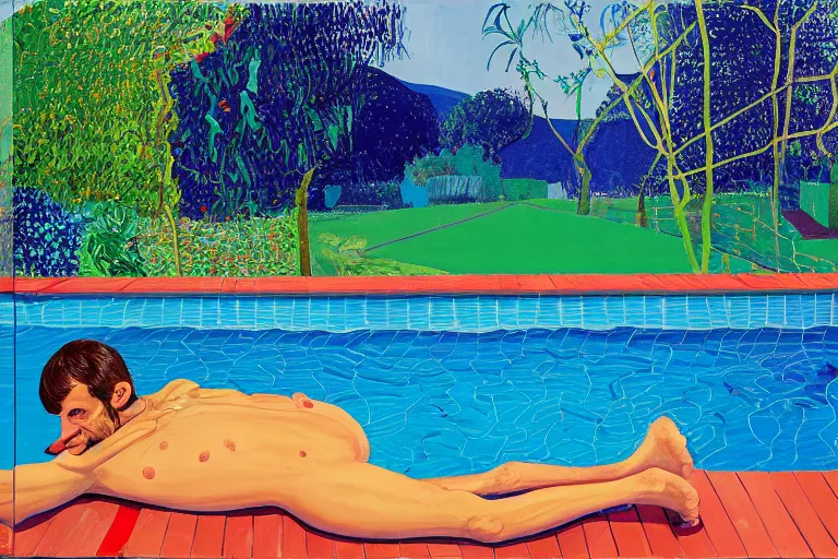 Image similar to emmanuel macron sunbathing in a swimming pool in a house in california, summer blue sky, shimmering water, lush trees and bushes garden lawn, by david hockney, peter doig, lucien freud, francis bacon, pop realism, oil on canvas