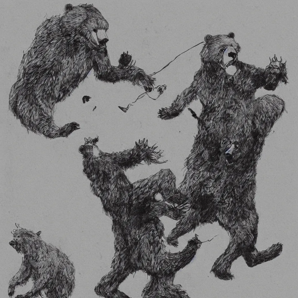 Image similar to style of the salvador dali, a werebear robbing a bank