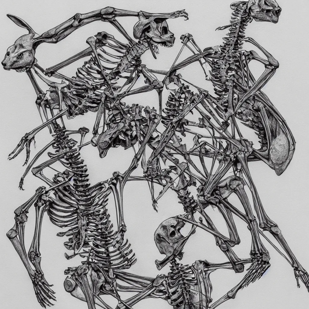 Image similar to t-shirt design of one kangaroo skeleton fighting another kangaroo skeleton, super detailed, symmetrical, pencil illustration