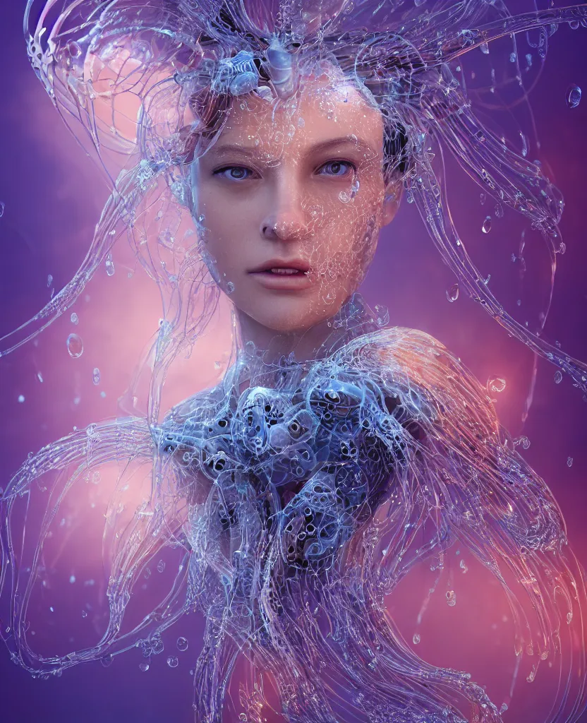 Image similar to close-up macro portrait of the face of a beautiful princess, epic angle and pose, symmetrical artwork, 3d with depth of field, blurred background, cybernetic jellyfish female face skull phoenix bird, translucent, nautilus, energy flows of water and fire. a highly detailed epic cinematic concept art CG render. made in Maya, Blender and Photoshop, octane render, excellent composition, cinematic dystopian brutalist atmosphere, dynamic dramatic cinematic lighting, aesthetic, very inspirational, arthouse. y Greg Rutkowski, Ilya Kuvshinov, WLOP, Stanley Artgerm Lau, Ruan Jia and Fenghua Zhong