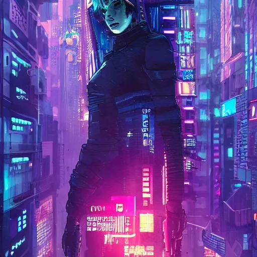 Image similar to high detailed dead android in a cyberpunk rainy city at night by Josan Gonzalez, purple and blue neons, unreal engine, high quality, 4K, UHD, trending on ArtStation, wires, blade runner vibes, ghost in the shell, akira, dorohedoro