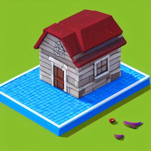 Prompt: small cute mobile game house, 1 0 0 mm, isometric, diorama, blue background,