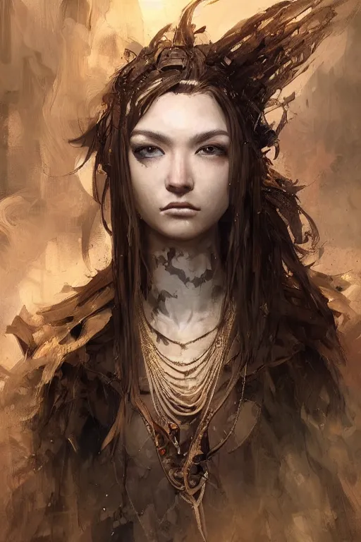 Image similar to A masterpiece portrait of a Incredibly beautiful queer Syberian post apocalyptic shaman girl . medium shot, intricate, elegant, highly detailed. trending on artstation, digital art, by Stanley Artgerm Lau, WLOP, Rossdraws, James Jean, Andrei Riabovitchev, Marc Simonetti, Yoshitaka Amano