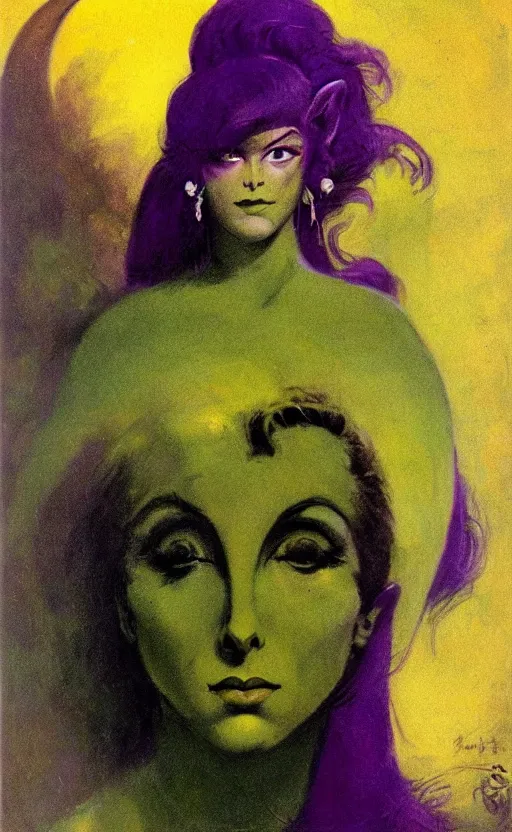 Prompt: portrait of princess of the dreamlands and moon beast, by frank frazetta, vibrant colors, yellow purple green, minimalist