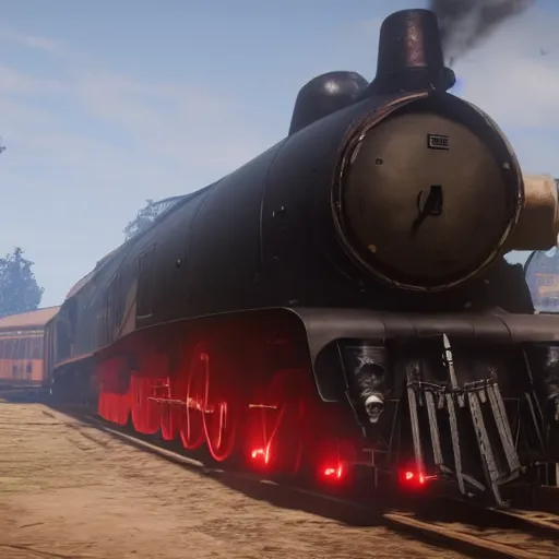 Image similar to futuristic sleek steam locomotive in red dead redemption 2