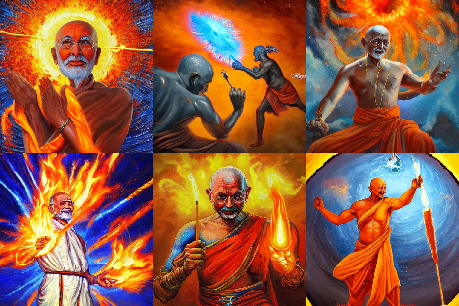 Prompt: highly detailed oil painting, concept art, ghandi casting a fireball spell, fighting against a huge ice giant, orange and blue color scheme, concept art, highly detailed indian art style