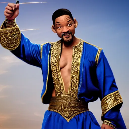 Image similar to will smith as the genie from alladin with a pistol, photo realistic, 8 k, detailed, will smith, alladin