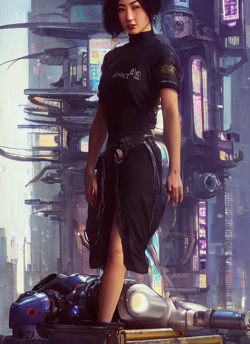 Image similar to Marie Tanaka. Beautiful Cyberpunk mechanic with robotic legs. (Cyberpunk 2077, bladerunner 2049). Gorgeous face. Iranian orientalist portrait by john william waterhouse and Edwin Longsden Long and Theodore Ralli and Nasreddine Dinet, oil on canvas. Cinematic, vivid colors, hyper realism, realistic proportions, dramatic lighting, high detail 4k