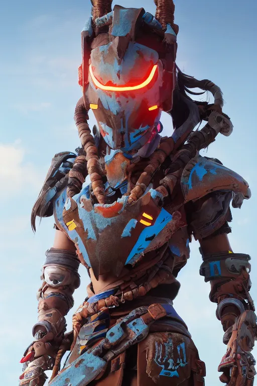 Image similar to combination suit armor aloy horizon forbidden west horizon zero dawn robot ninja mask helmet backpack tribal, aesthetic octane render, 8 k hd resolution, by ilya kuvshinov and cushart krentz and gilleard james radiating a glowing aura cgi rtx 2 0 2 2