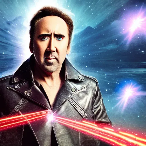 Image similar to Nicolas Cage is ultra fast blazing lasers, epic scenery, dramatic lights, dynamic laser beams, ultra realistic, hyperrealism, octane render, 8k, super sharp, crisp edges, smooth symmetrical face, golden ratio, 16k,