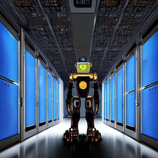 Image similar to a digital art of robot power armor in server room in style of space odyssey character design, robot in data center, trending on artstation, 8 k, ultra wide angle, zenith view, pincushion lens effect