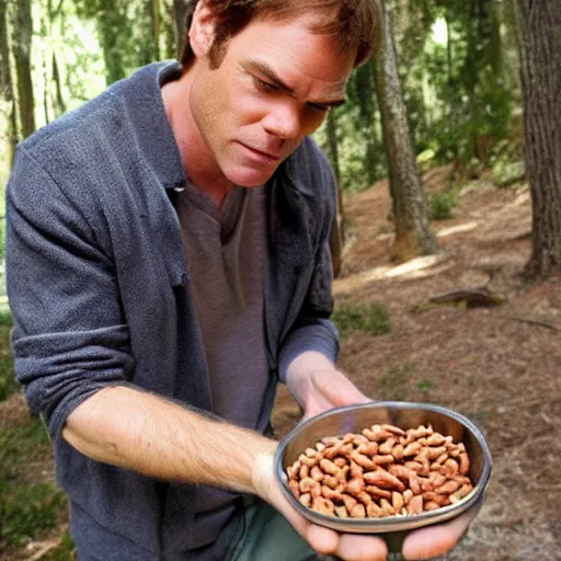 Prompt: dexter morgan feeding peanuts to the cutest chipmunk you ’ ve ever seen