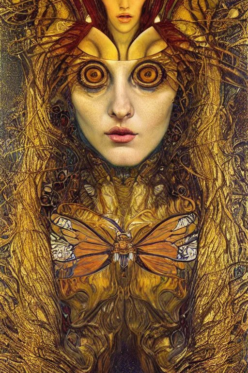 Prompt: Metamorphosis by Karol Bak, Jean Deville, Gustav Klimt, and Vincent Van Gogh, transformation portrait, chimera, visionary, cicada wings, otherworldly, fractal structures, ornate gilded medieval icon, third eye, hybrid, dynamic, change, spirals, horizontal symmetry