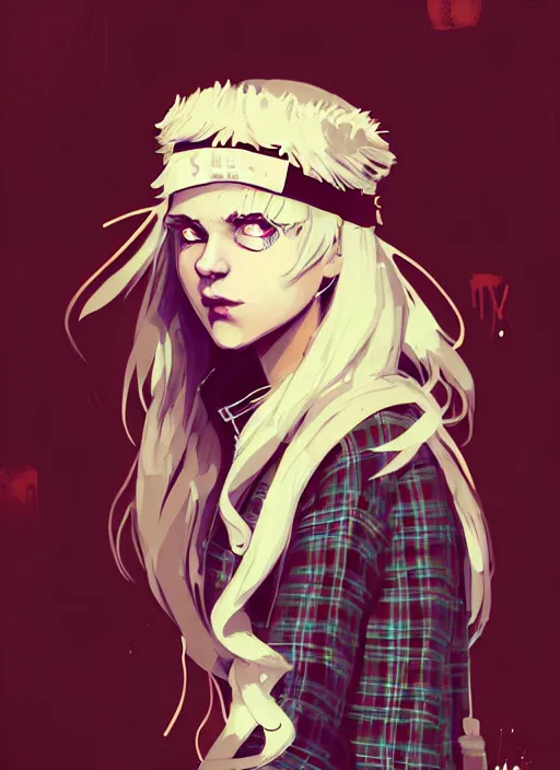 Image similar to highly detailed closeup portrait of a sewer punk swedish female mage student, tartan garment, blonde hair with headband by atey ghailan, by greg rutkowski, by greg tocchini, by james gilleard, by joe fenton, by kaethe butcher, gradient red, black, brown and white color scheme, grunge aesthetic!!! white graffiti tag wall background