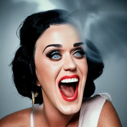 Image similar to 3 5 mm portrait of katy perry laughing in your face, a raging lightning storm in the sky.