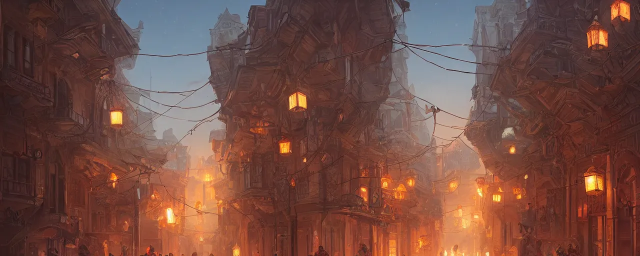 Prompt: winding street at midnight in a very old very beautiful city, glowing paper lanterns, strong dramatic cinematic lighting , ornate tiled architecture, lost civilizations, smooth, extremely detailed, trending on artstation, by Noah Bradley