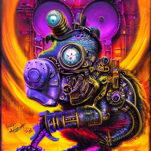 Image similar to steampunk rat, acid, 303, psychedelic, by paul lehr