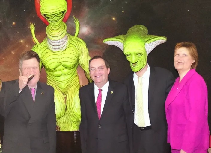 Image similar to a politician photo op with galactic aliens