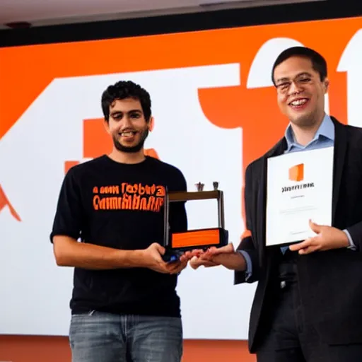 Prompt: tech founder receiving award on a podium from ycombinator startup office
