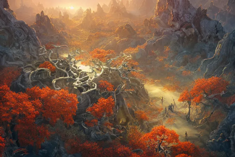 Image similar to high aerial shot, cinematic fantasy painting, dungeons and dragons, desert valley of bones with autumn maple bonsai, with sunset lighting ominous shadows by jessica rossier and brian froud