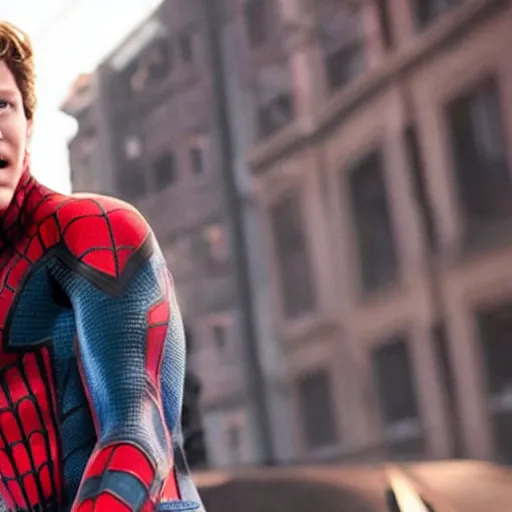 Image similar to tom holland starring as old spider man, realistic action movie still, cinematic