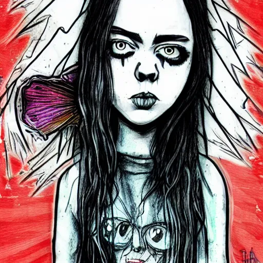 Prompt: grunge drawing of billie eilish by - rick and morty , loony toons style, horror themed, detailed, elegant, intricate