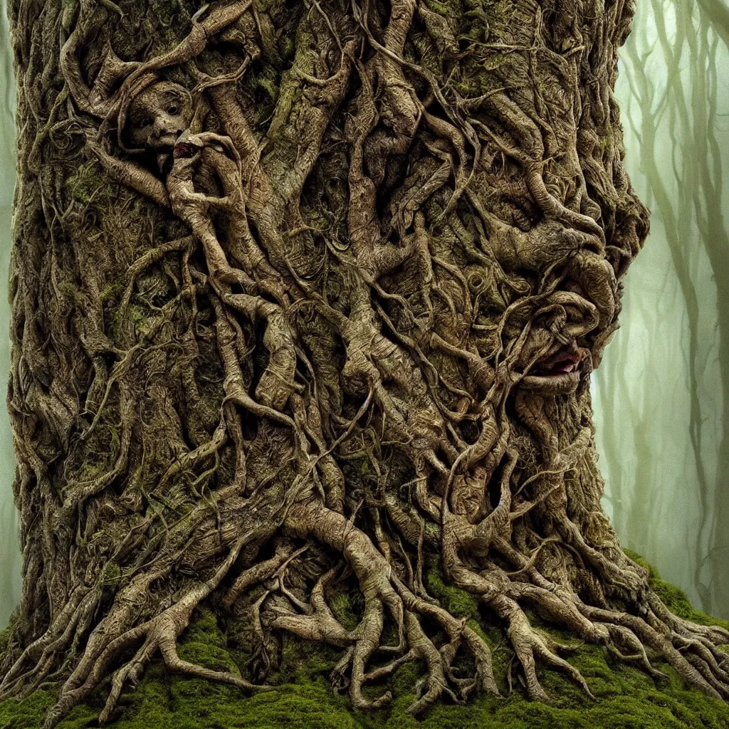 Image similar to a talking oak tree, a face in the bark, nose made of wood, eyes in the bark, mouth in the bark, fantasy concept art, leaves and moss, digital painting, oil painting, hyperrealistic, treebeard, ent, highly detailed, golden sunlight, very detailed eyes, artstation, cgsociety, in the forest, by alan lee, by artgerm