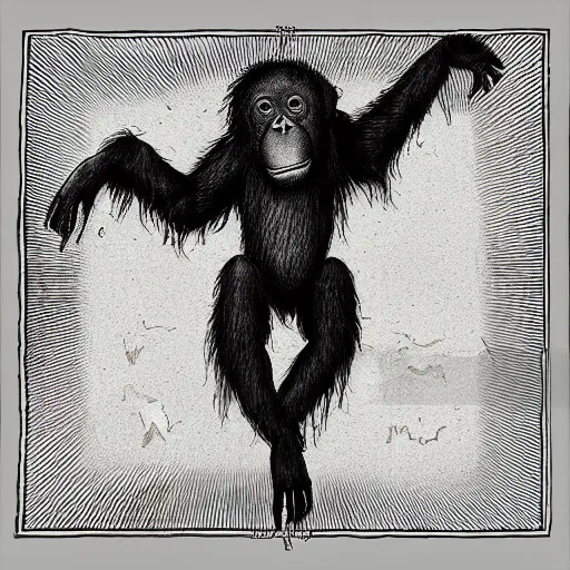 Image similar to orangutan descending from heaven, in the style of deathspell omega's fas album cover, illustration, detailed