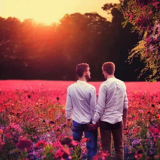 Image similar to a gay couple holding hands in a field of flowers at sunset, realistic, intricate, 4k