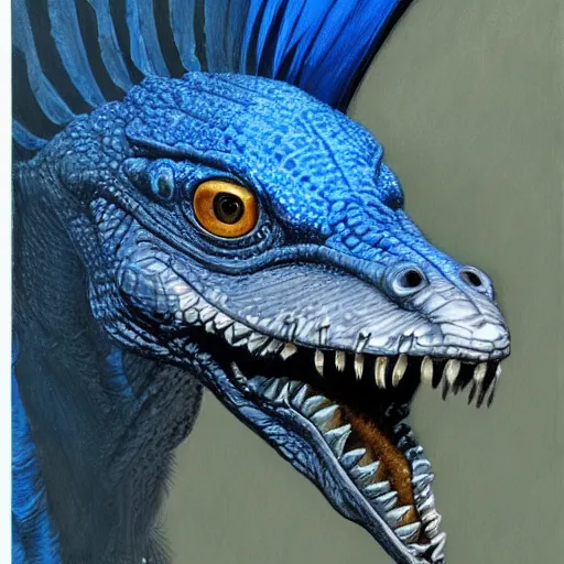 Prompt: a detailed close - up oil painting profile of a crocodile blue jay hybrid with open jaws, flying, intricate, trending on artstation, well - lit, by michael whelan, james gurney, and donato giancola - w 7 0 0