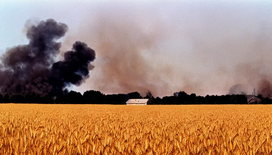Image similar to 1 9 7 0 s movie still of a burning french house in a wheat field, cinestill 8 0 0 t 3 5 mm, high quality, heavy grain, high detail, texture, dramatic light, ultra wide lens, panoramic anamorphic, hyperrealistic