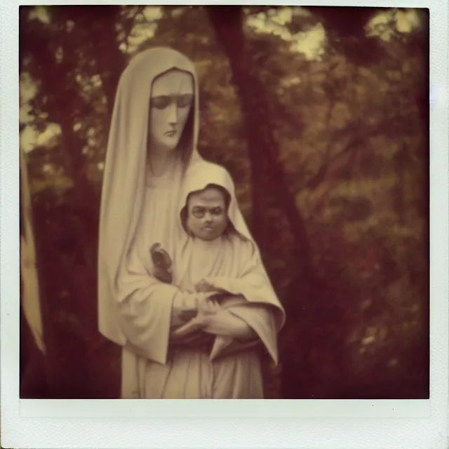 Image similar to vintage polaroid of white mother mary statue crying blood, pictured close and slightly from below, sky with clouds in background