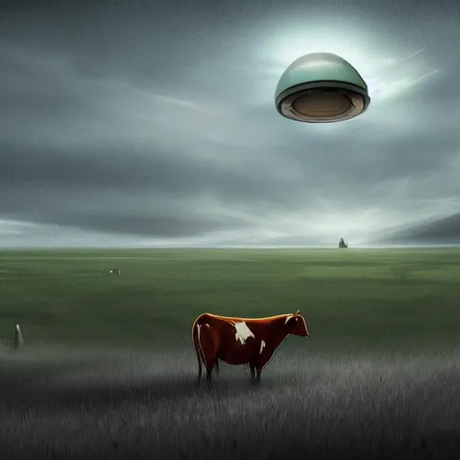 Image similar to digital art painting of a UFO abducting a cow in an empty field, mysterious, sci fi, alien, extraterrestrial, trending on artstation cgsociety,