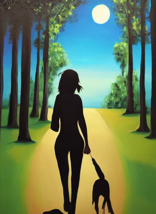 Prompt: young brown woman walking her dog in a park at night with a full moon, acrylic painting, fantasy