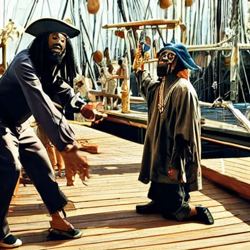 Prompt: a gentleman pirate having a rap battle of the deck of the black pearl with snoop dog, stanley kubrick