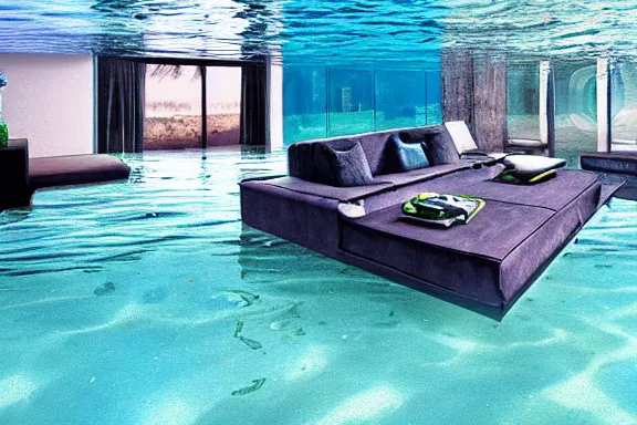 Image similar to a living room under water