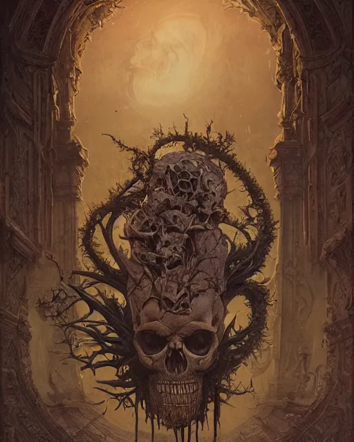 Prompt: a beautiful detailed front view of a dead rotten skull with ornate growing around, ornamentation, baroque architecture, elegant, beautifully soft lit, by wayne barlowe, peter mohrbacher, kelly mckernan