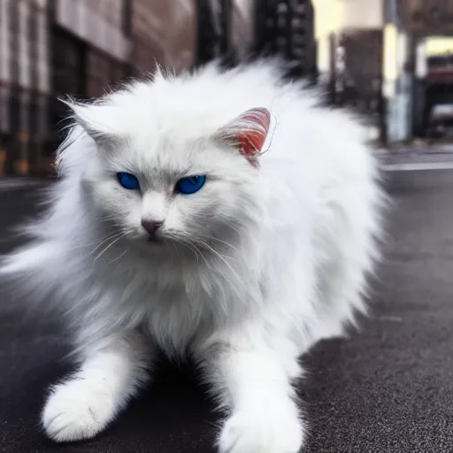 Image similar to a white fluffy cat dressed in cyberpunk aesthetics. 4k high quality exquisite.