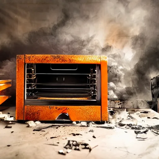 Image similar to head of toaster oven mecha, dark messy smoke - filled cluttered workshop, dark, dramatic lighting, orange tint, cinematic, highly detailed, sci - fi, futuristic, movie still