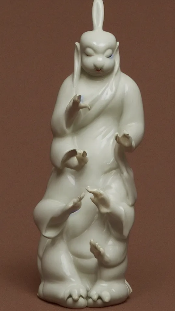 Prompt: a porcelain buddhism rabbit statue with a kiseru painted by john singer sargent