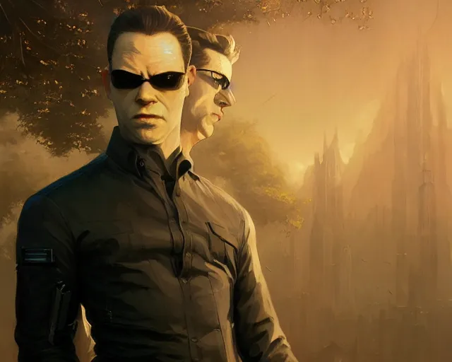 Image similar to highly detailed portrait of albert wesker as agent smith, in the matrix, stephen bliss, unreal engine, fantasy art by greg rutkowski, loish, rhads, ferdinand knab, makoto shinkai and lois van baarle, ilya kuvshinov, rossdraws, tom bagshaw, global illumination, radiant light, detailed and intricate environment