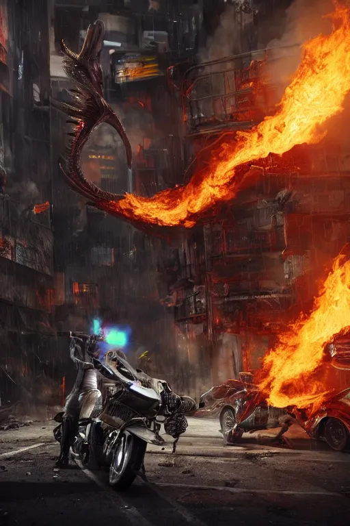Image similar to The Ghost Rider fights a fire-breathing xenomorph in the back alley of a cyberpunk city, burning trash flies through the air, splattered blood. Realistic, octane render, trending on ArtStation.