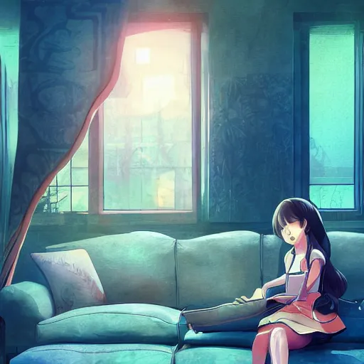 Prompt: girl sits on the sofa and listens to music, the sun shines through the window, highly detailed, 8 k, anime key visual, pixiv, in style of kyoto animation, art by artgerm