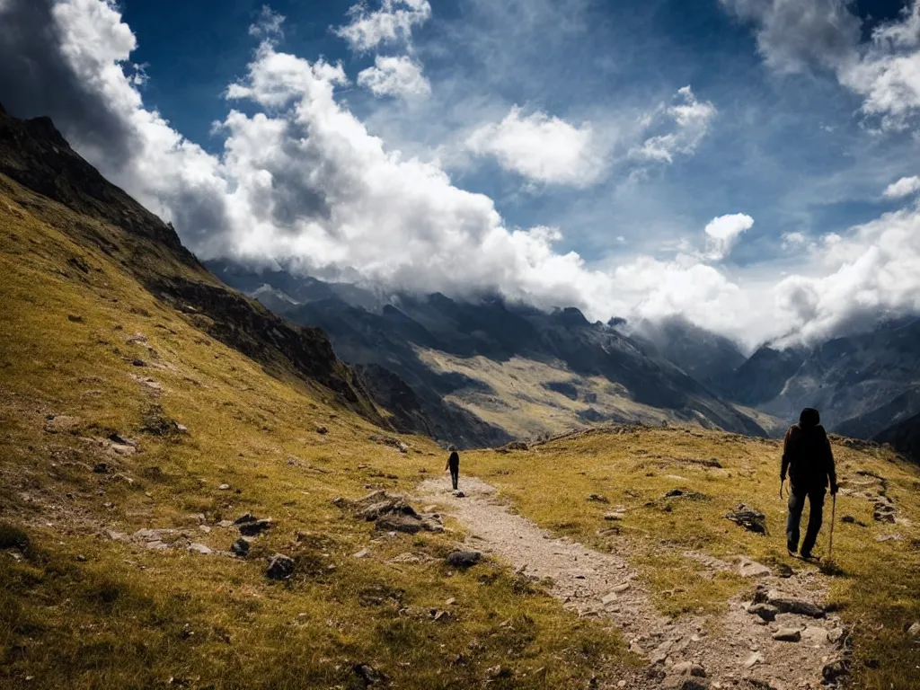 Image similar to A traveler wandering trough the mountains looking at the clouds, neo-romanticism