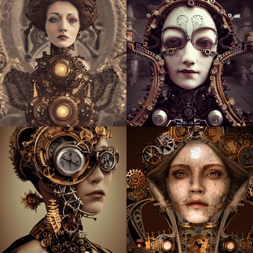 Prompt: beautiful ornate mechanical victorian woman with a cracked porcelain face, steampunk, gears, intricate details, portrait, realistic octane render, shallow depth of field, 8k