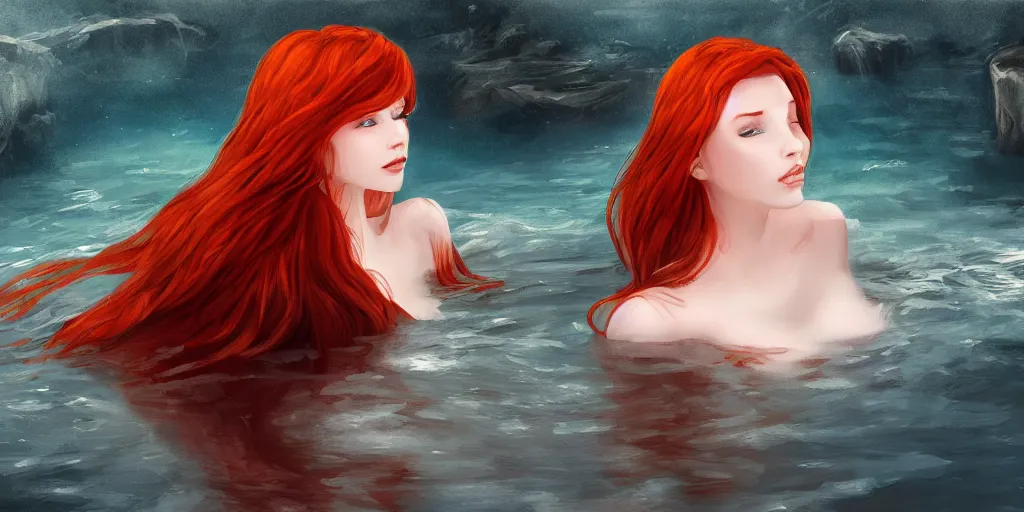 Prompt: redhead beautiful girl bathing in a river, illustration, night moonlight, digital art, oil painting, fantasy, 8 k, trending on artstation, detailed